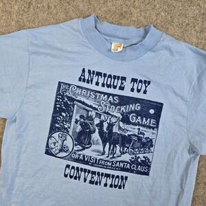 VTG 70s Antique Toy Convention T-Shirt Size M Blue Hanes Christmas‎ Santa Nature